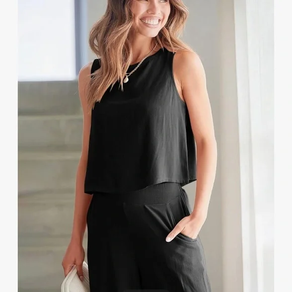 ANRABESS Summer 2 Piece Outfits Sleeveless Crop Top Black Wide Leg Pants Linen M - Picture 13 of 14